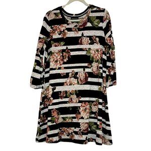 Fortune+Ivy Grey Black Floral Knee Length 3/4 Sleeve Sweater Dress Women's XXL